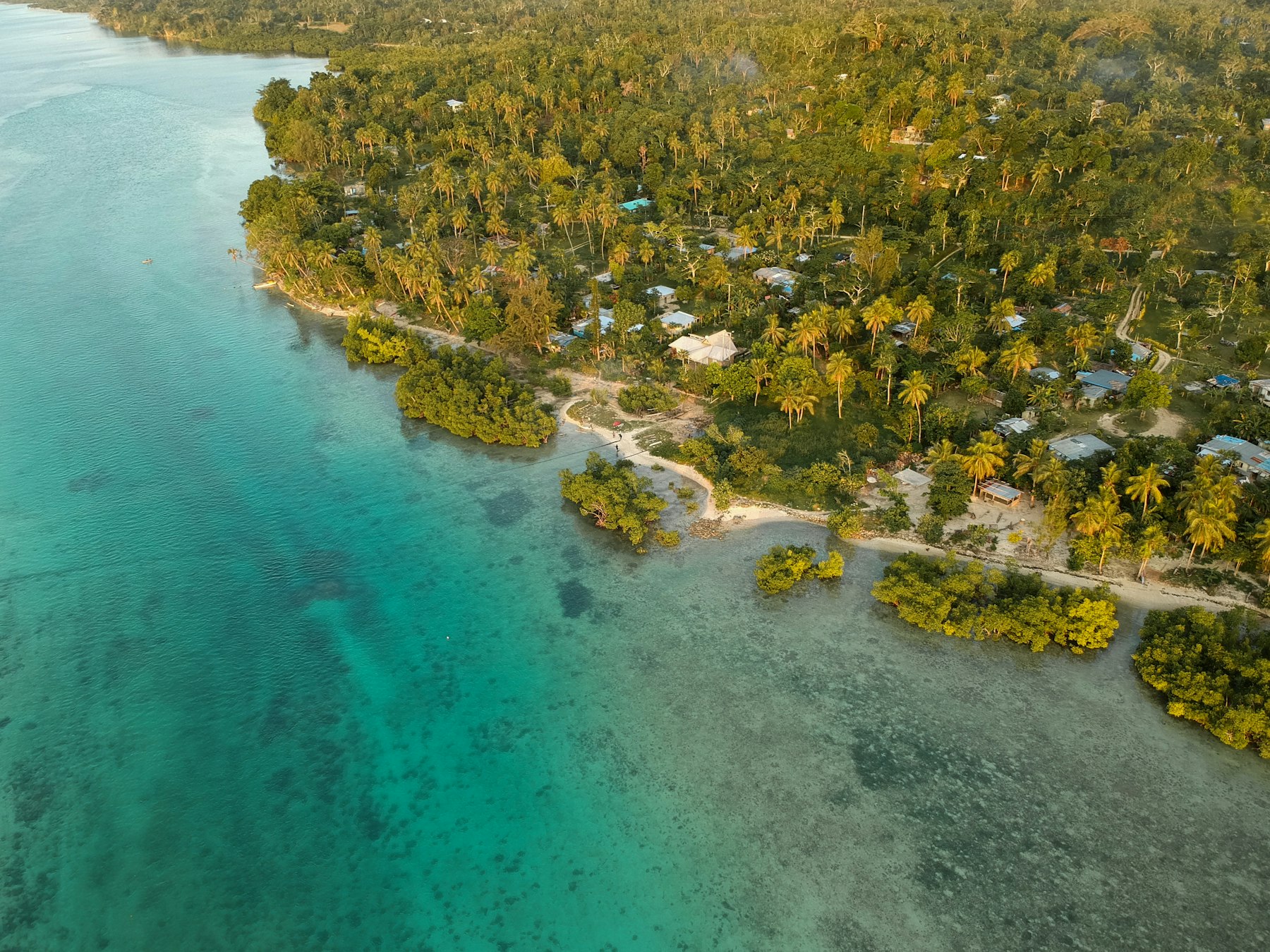 Aerial view of a village among palms beside a turquoise lagoon.